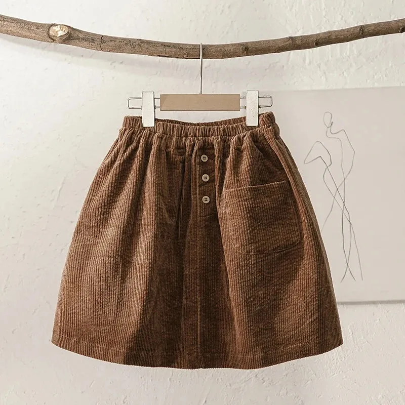 100% Cotton Retro Corduroy Girl's Skirt Autumn And Winter New Thickened Baby Girl Rustic Style Elastic Waist Casual Loose Skirts