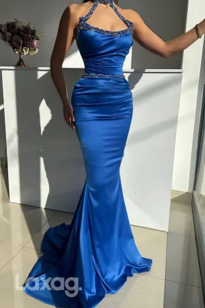 18736 - Chic Halter Beads Satin Ruched Mermaid Semi Formal Prom Dress