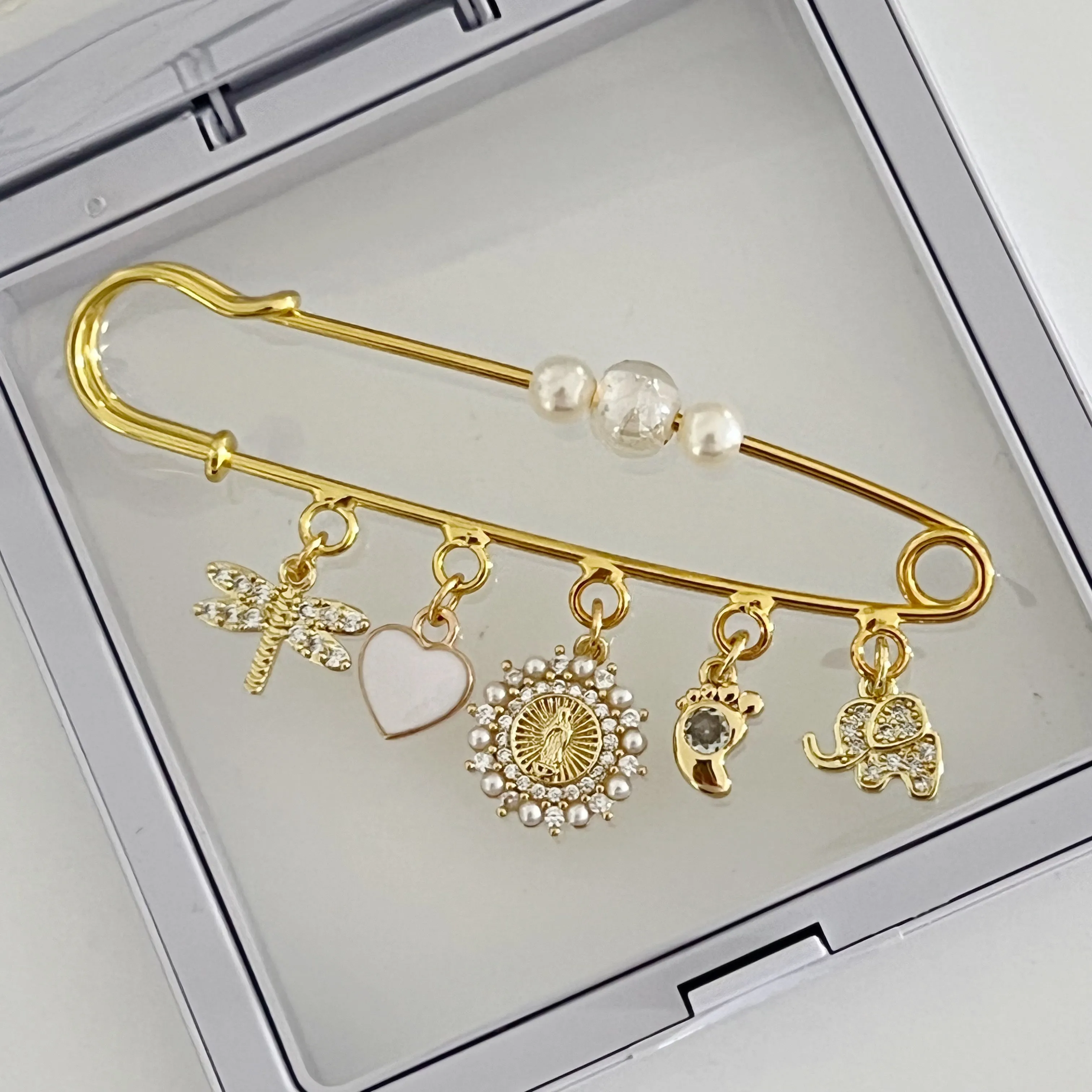8 CM Pin With Virgin Mary Charm For Protection - Gold