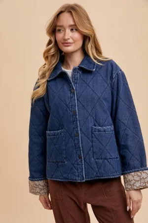 Annie Wear Dark Blue Quilted Printed Lining Snap Down Denim Jacket