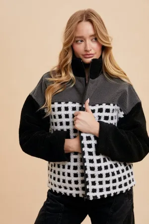 Annie Wear Ivory & Black Plaid Zip Up Drop Shoulder Sherpa Jacket
