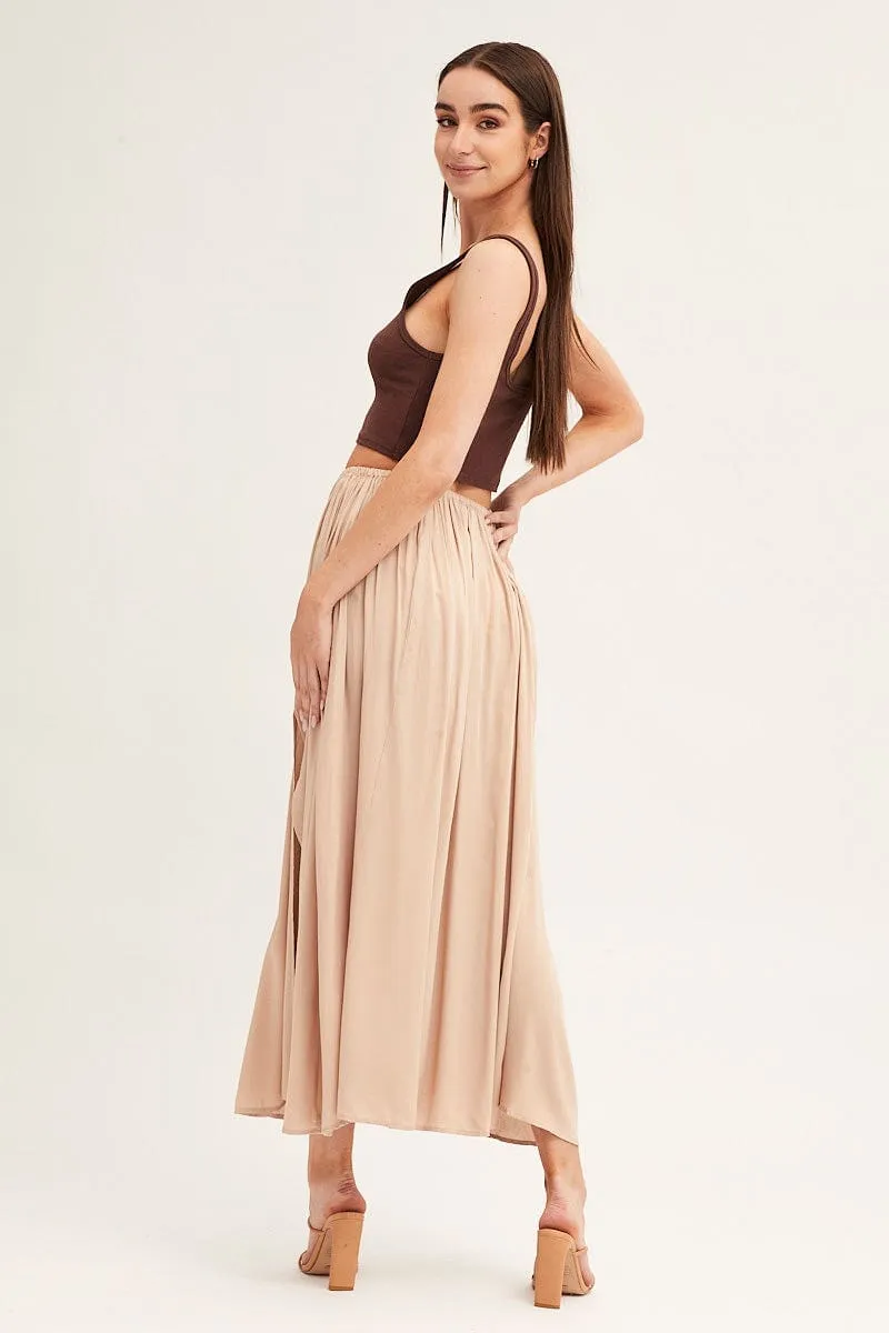 Beige Maxi Skirt Elastic Detail Split