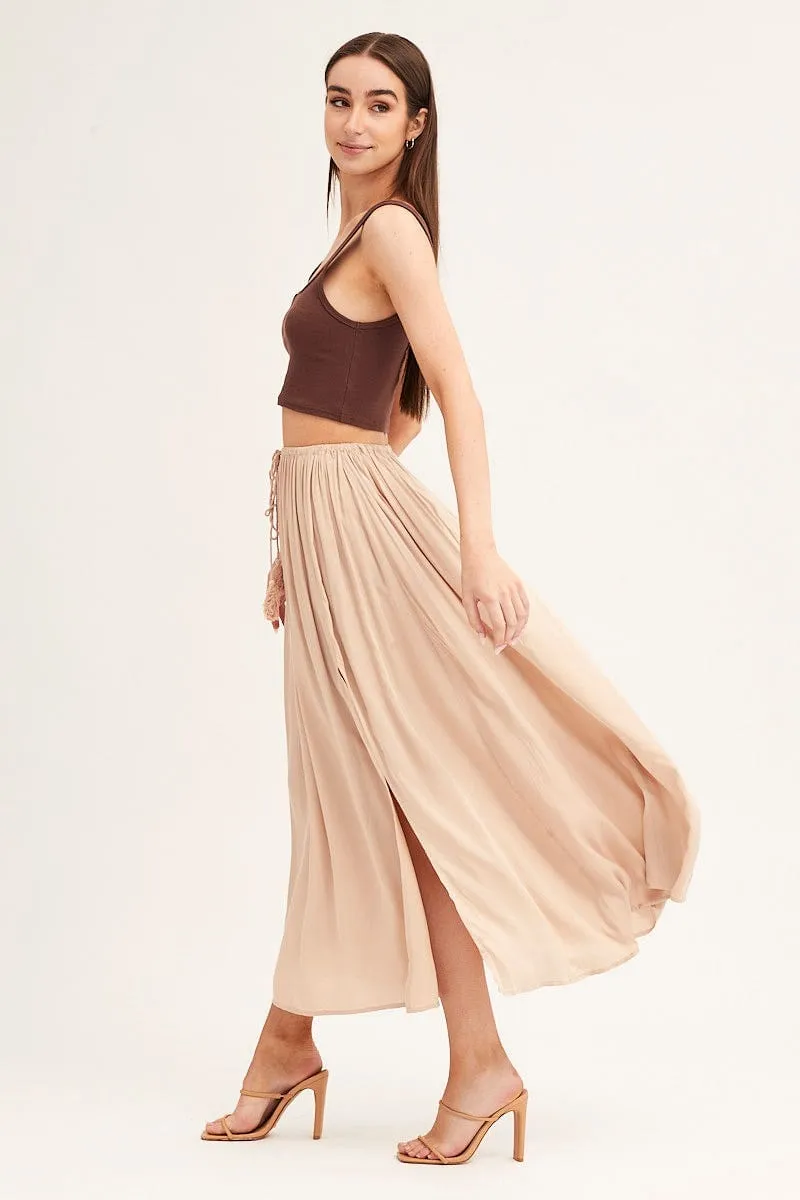 Beige Maxi Skirt Elastic Detail Split