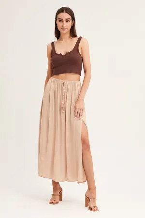 Beige Maxi Skirt Elastic Detail Split