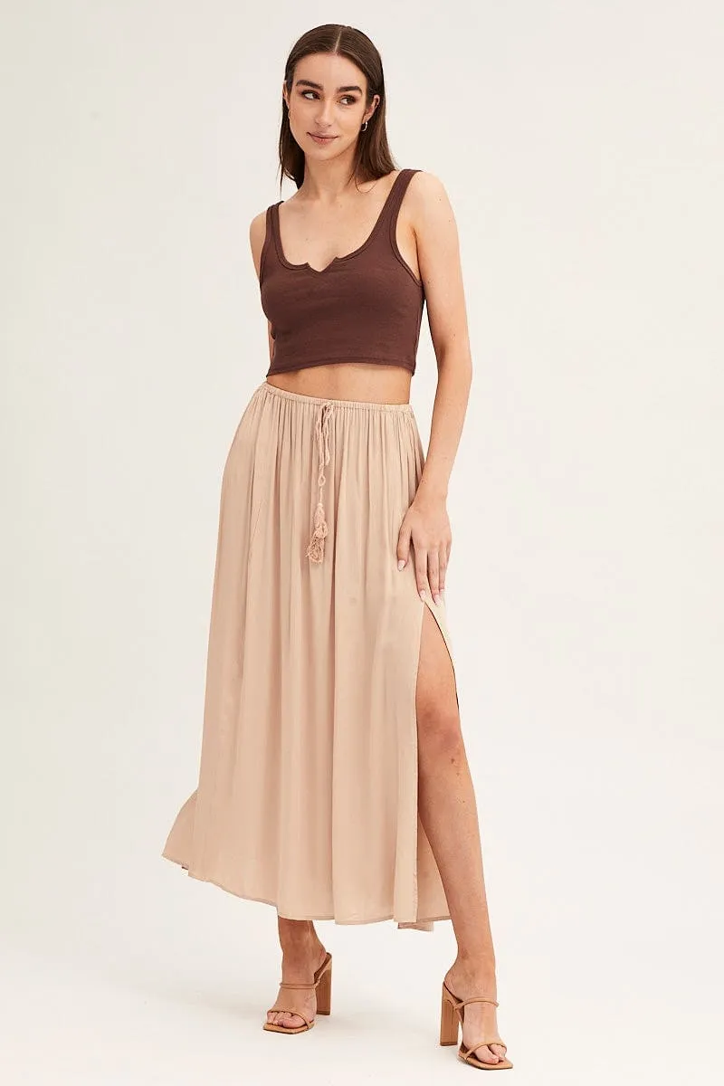 Beige Maxi Skirt Elastic Detail Split
