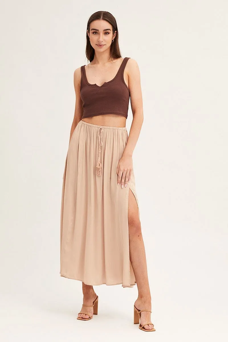 Beige Maxi Skirt Elastic Detail Split