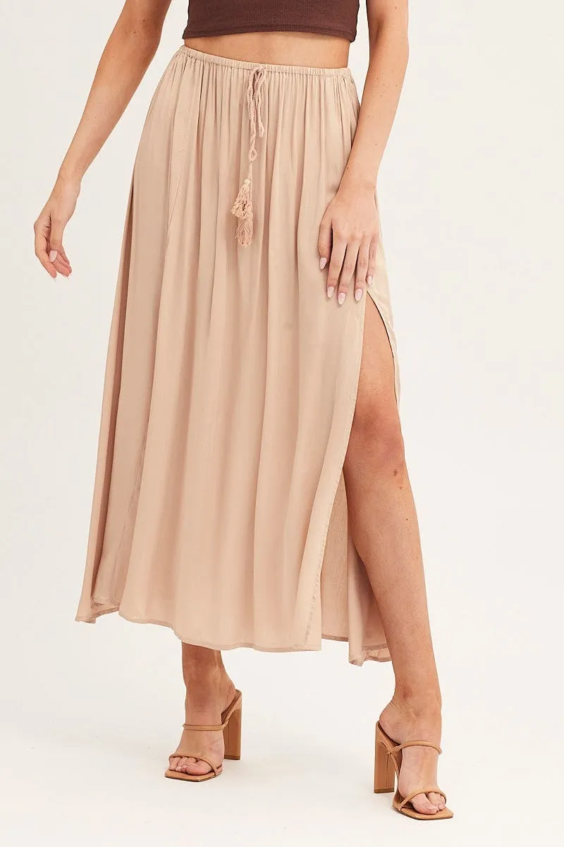 Beige Maxi Skirt Elastic Detail Split