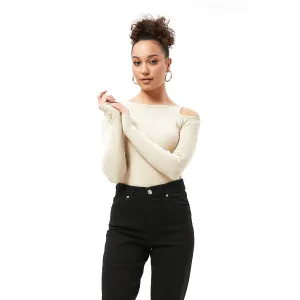 Beige Ribbed Shoulder Cut Top