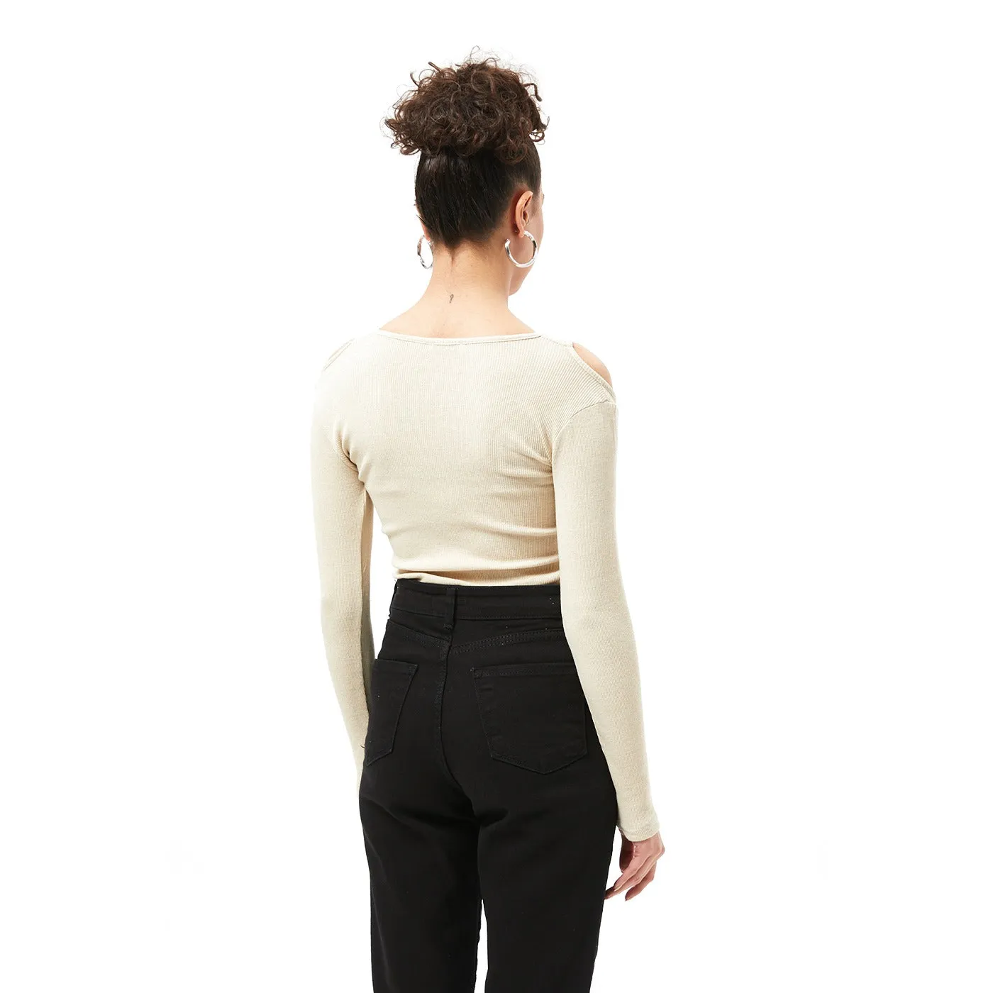 Beige Ribbed Shoulder Cut Top