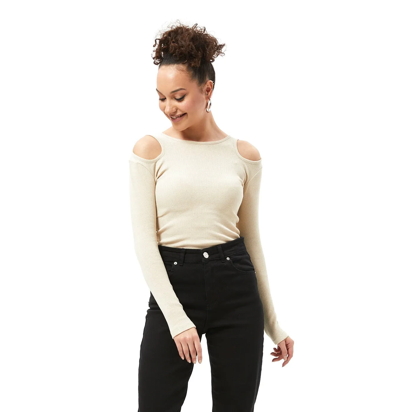 Beige Ribbed Shoulder Cut Top