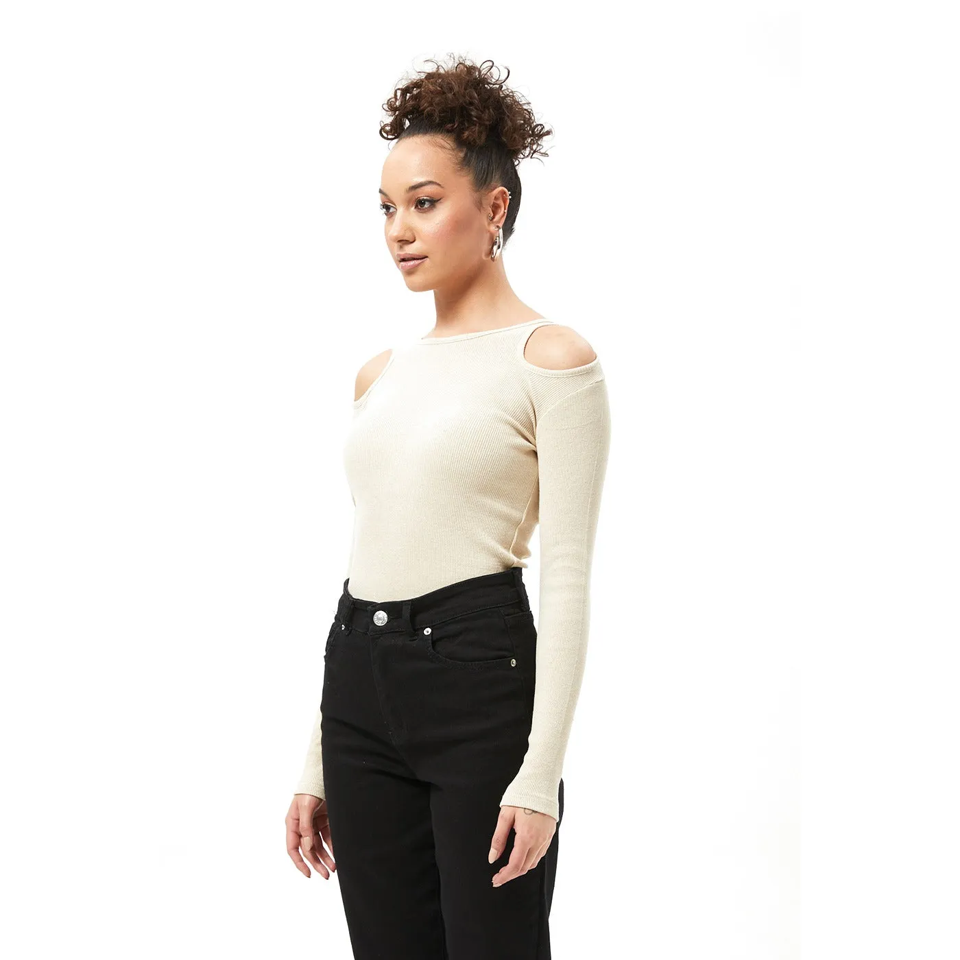 Beige Ribbed Shoulder Cut Top