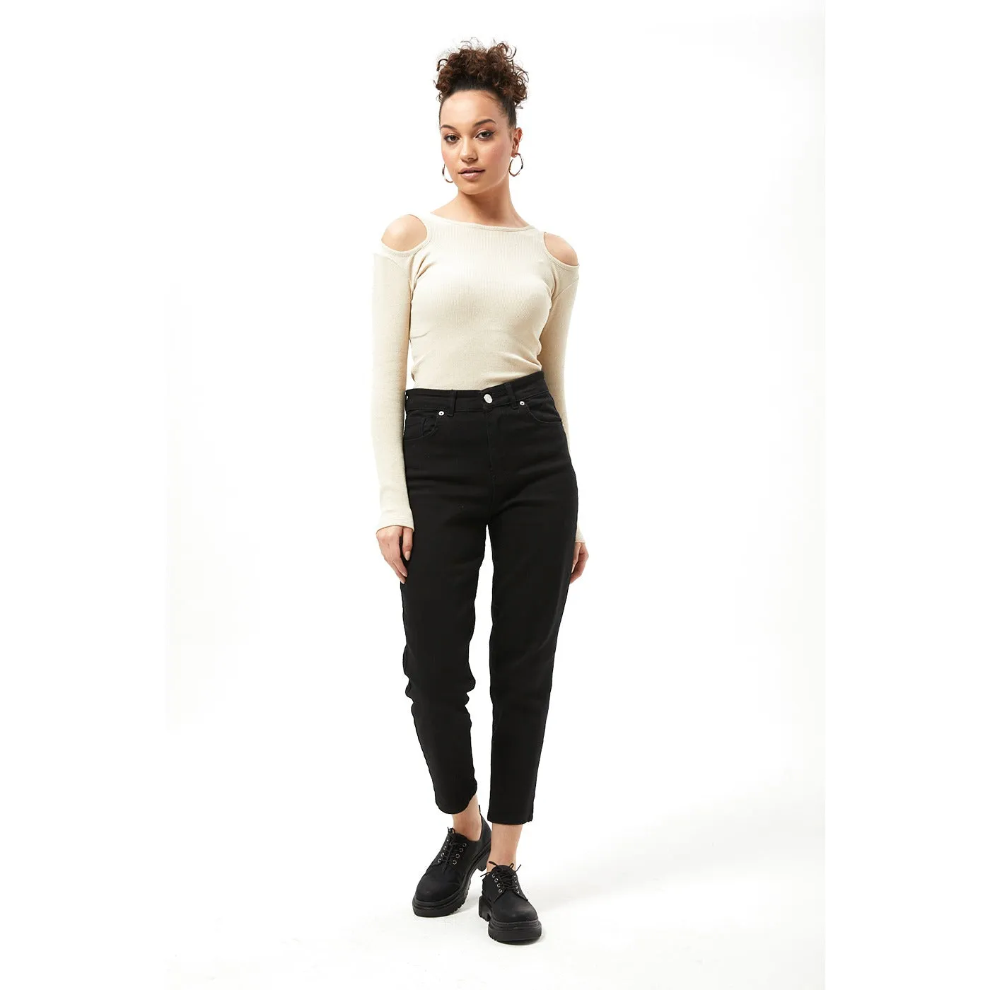 Beige Ribbed Shoulder Cut Top