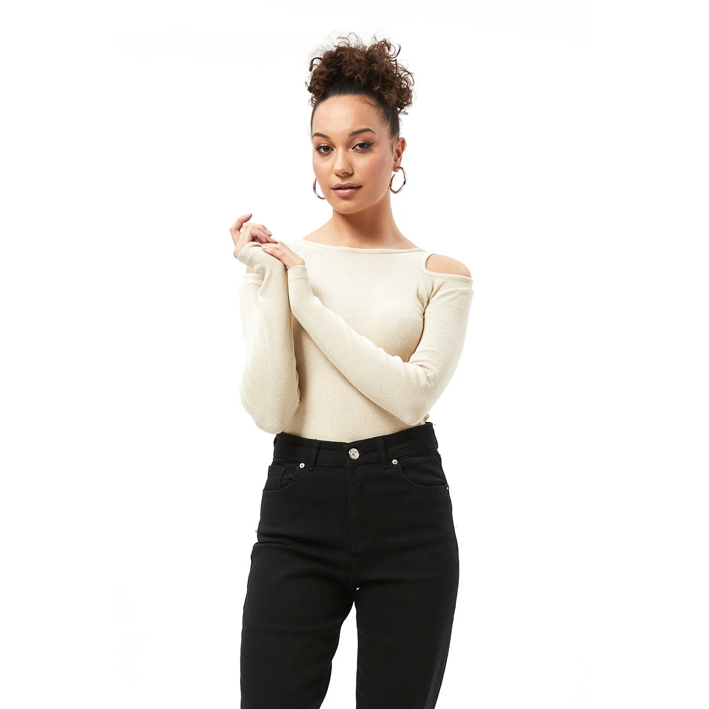 Beige Ribbed Shoulder Cut Top