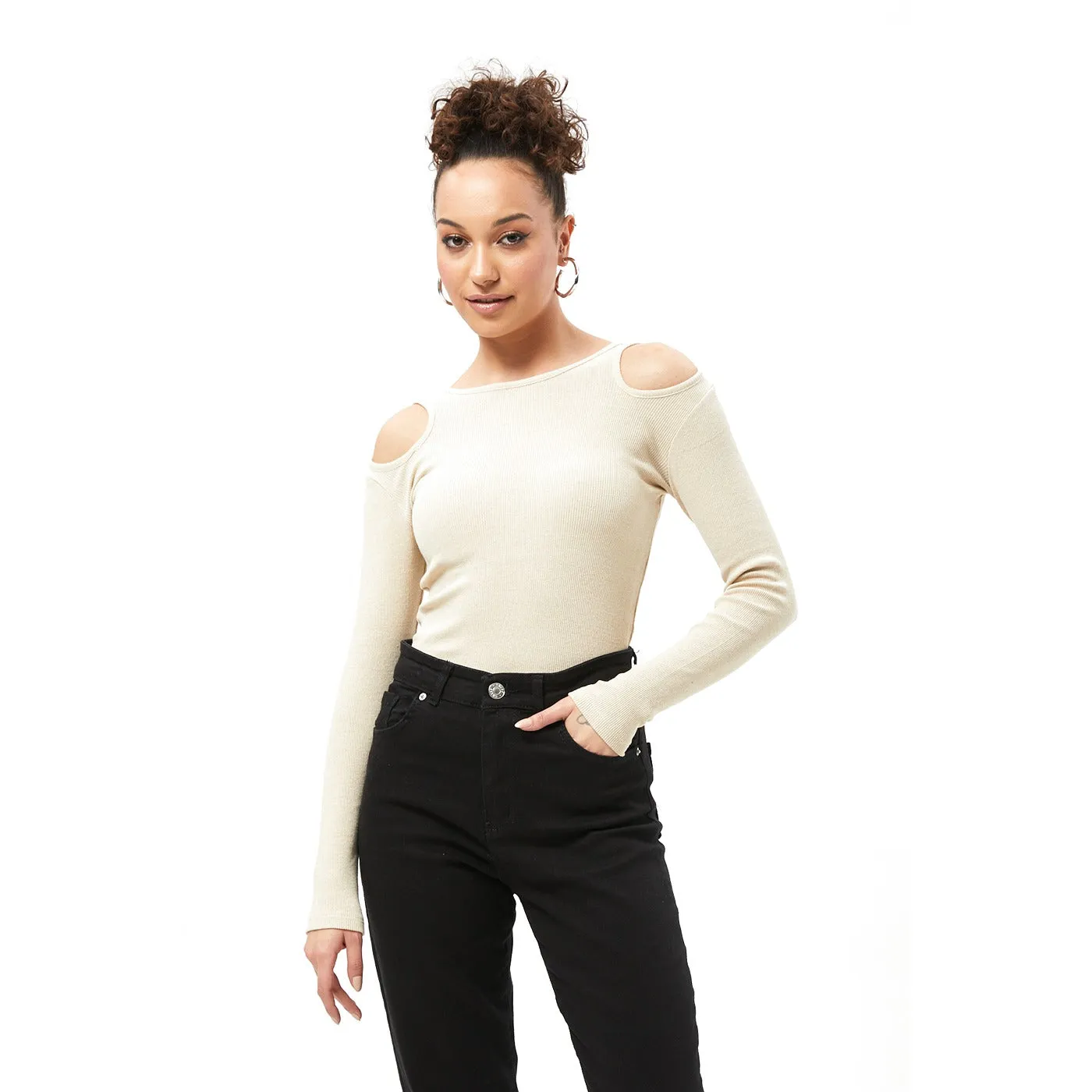 Beige Ribbed Shoulder Cut Top