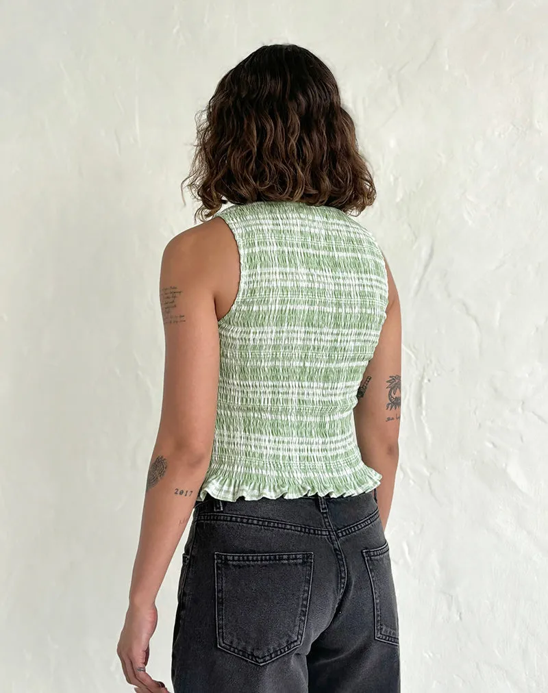 Birita Shirred Top in Table Cloth Neo Mint