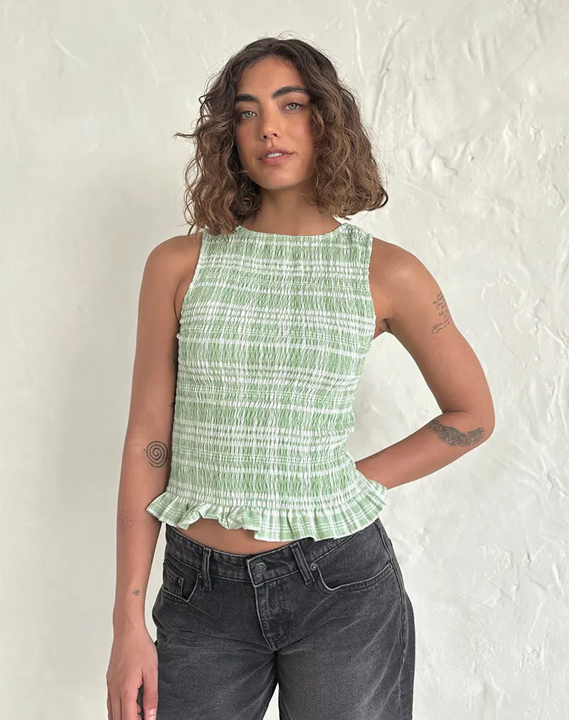 Birita Shirred Top in Table Cloth Neo Mint