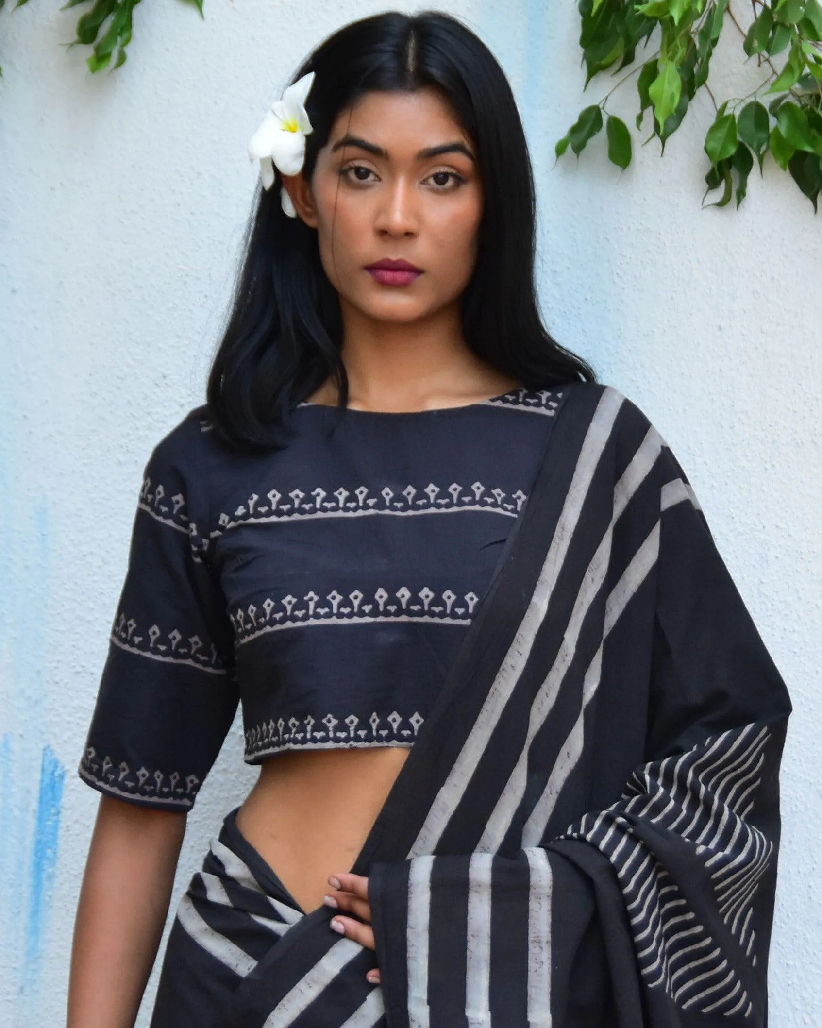 Black Blockprinted Crop Top Cotton Blouse
