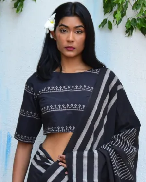 Black Blockprinted Crop Top Cotton Blouse