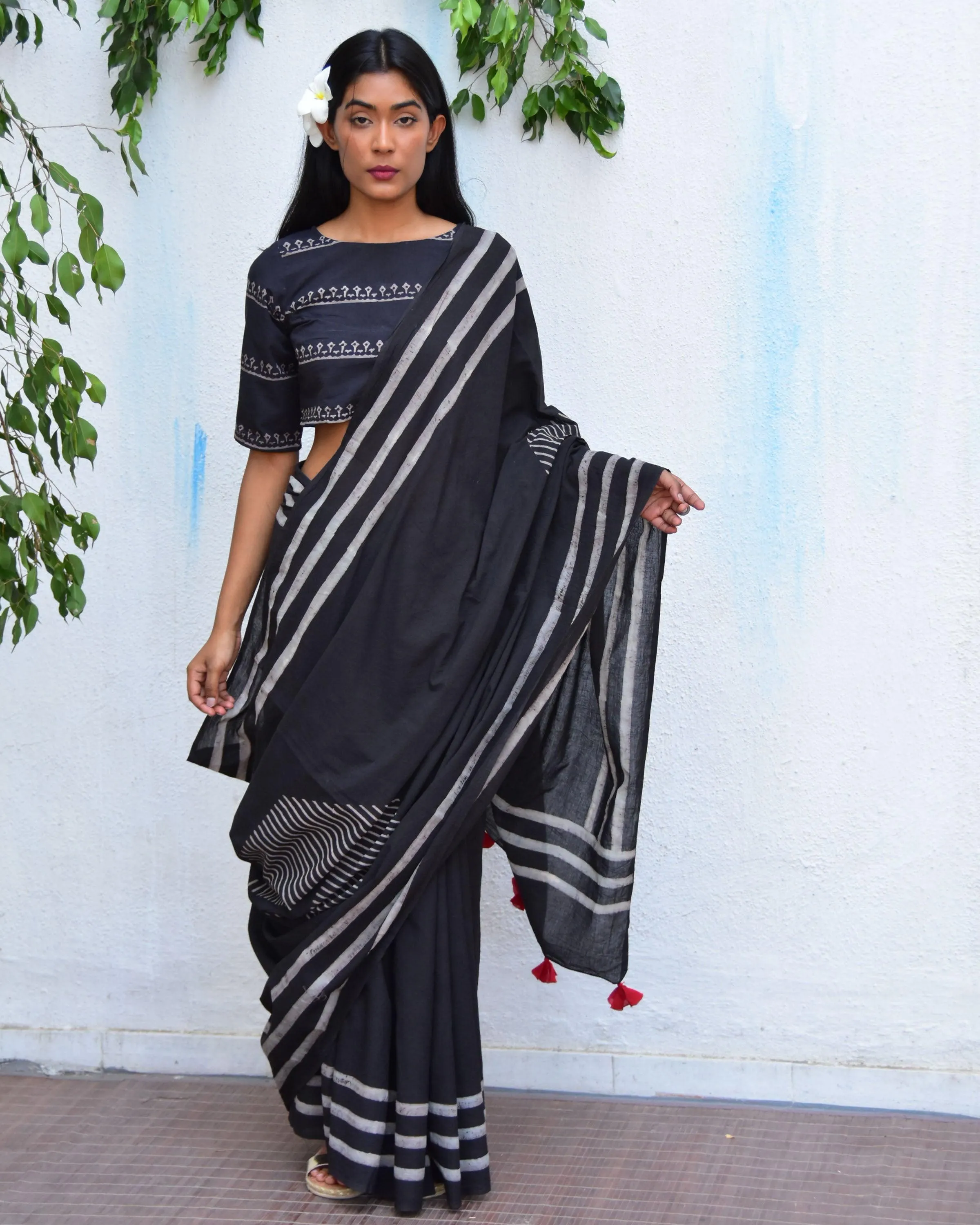Black Blockprinted Crop Top Cotton Blouse