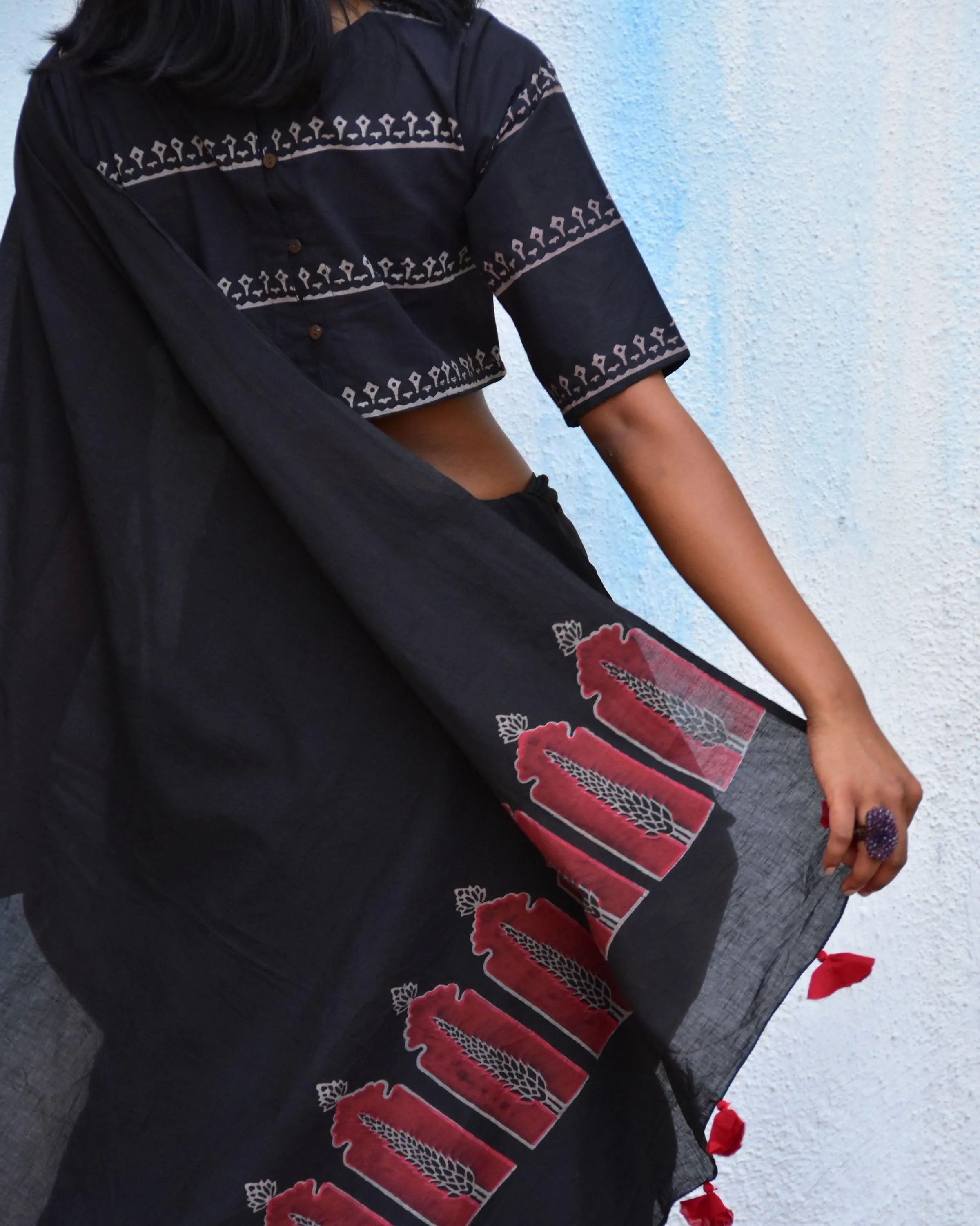 Black Blockprinted Crop Top Cotton Blouse
