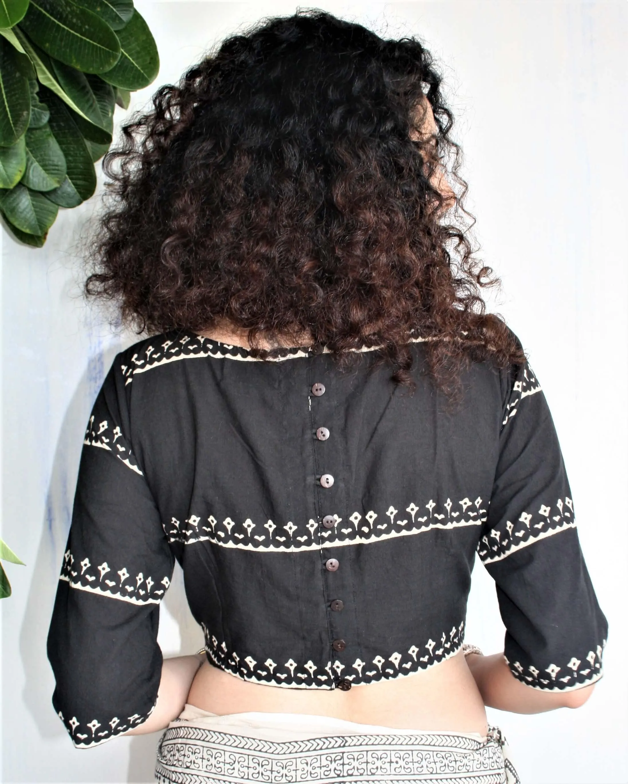 Black Blockprinted Crop Top Cotton Blouse