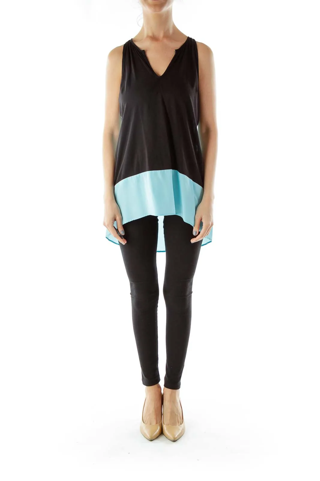Black Blue Color Block Cut-Out Silk Low-High Top