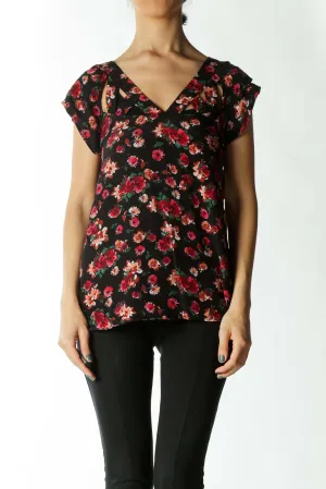 Black Red and Green Floral Cap-Sleeve Blouse with Cut-Out Collar Detailing