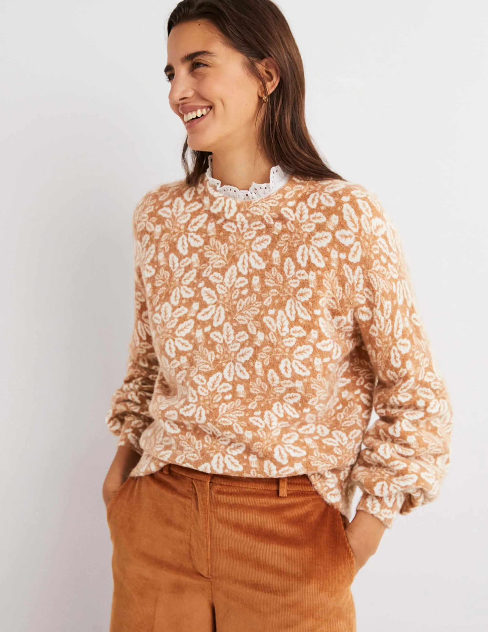 Blouson Sleeve Fluffy Jumper-Assam Brown, Acorn Leaf