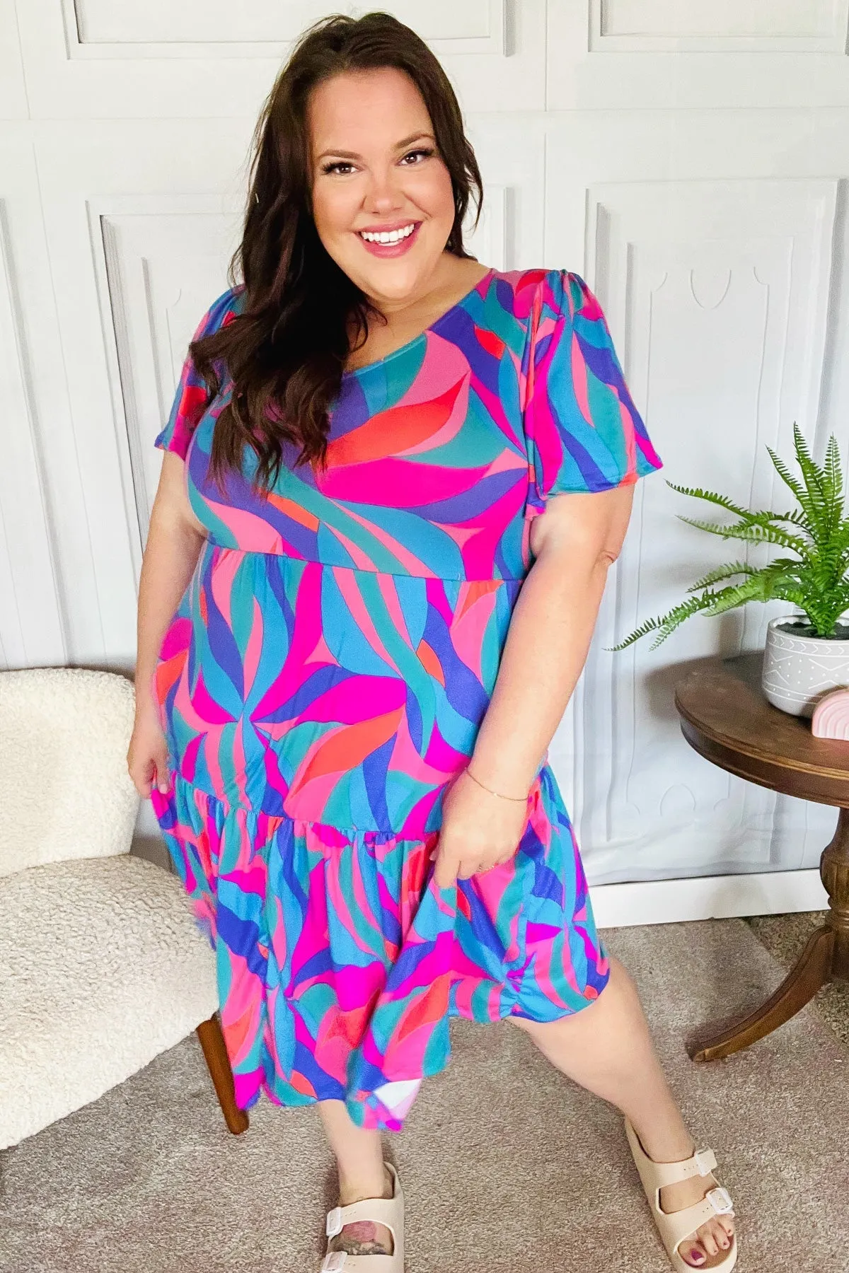 Blue & Fuchsia Geo Print V Neck Dress