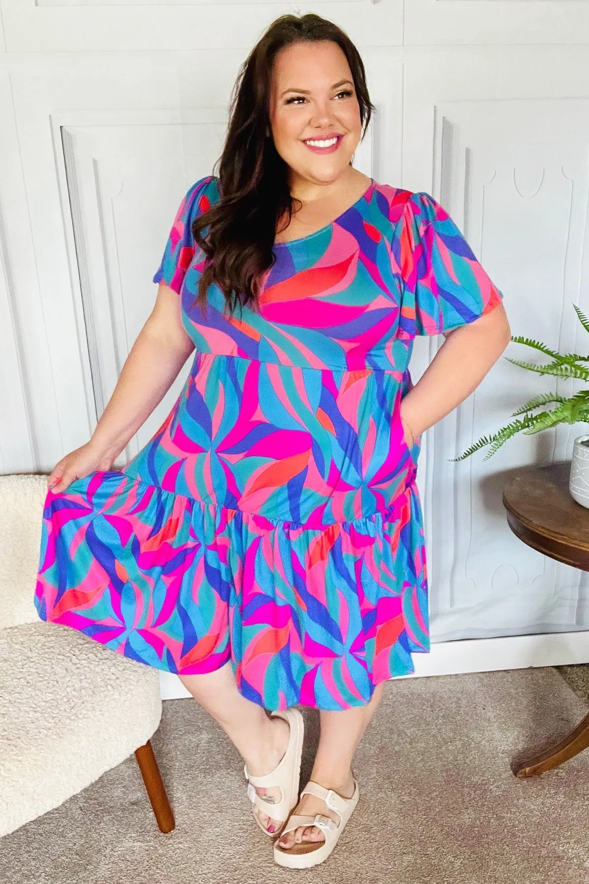 Blue & Fuchsia Geo Print V Neck Dress
