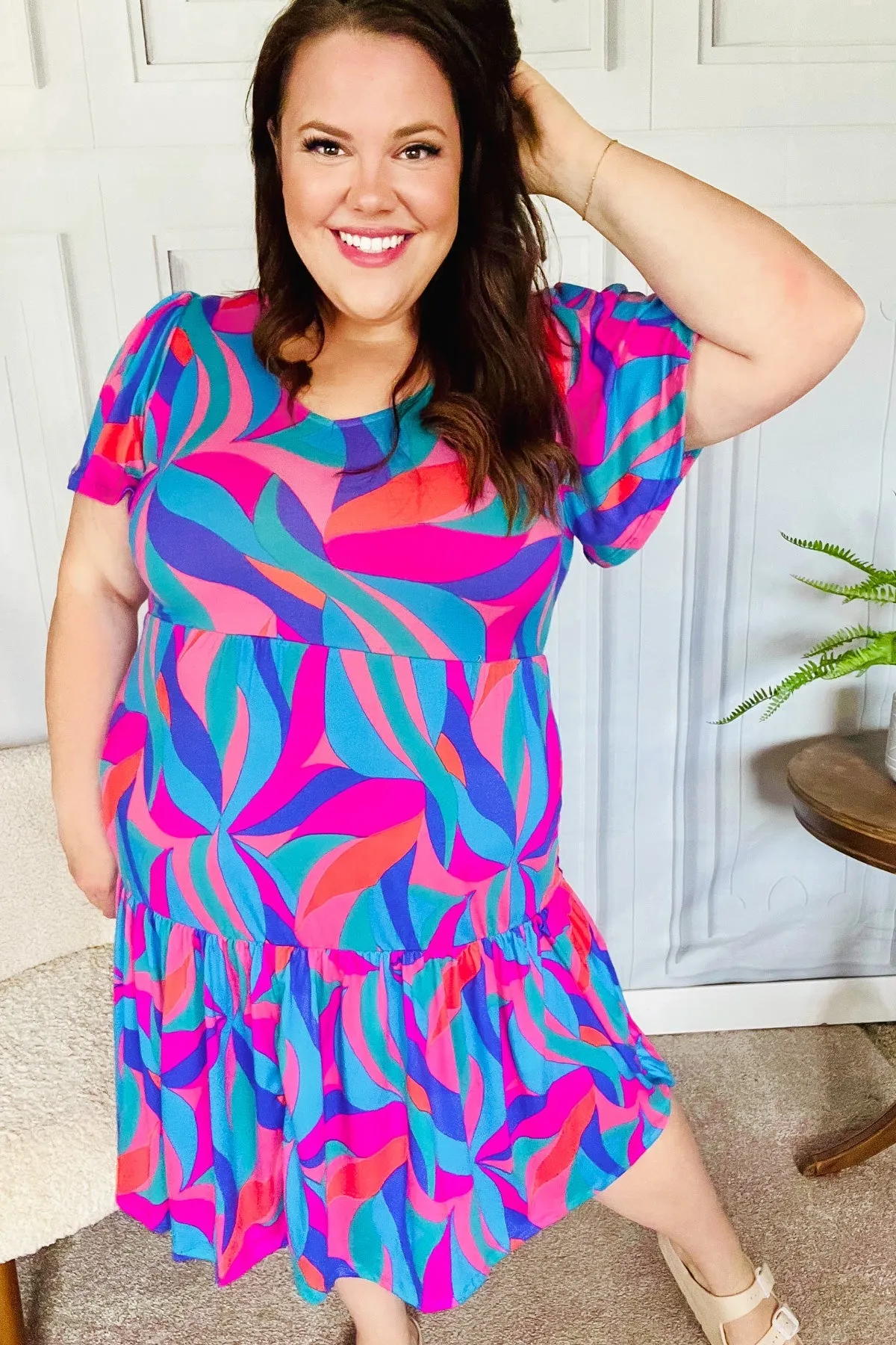 Blue & Fuchsia Geo Print V Neck Dress