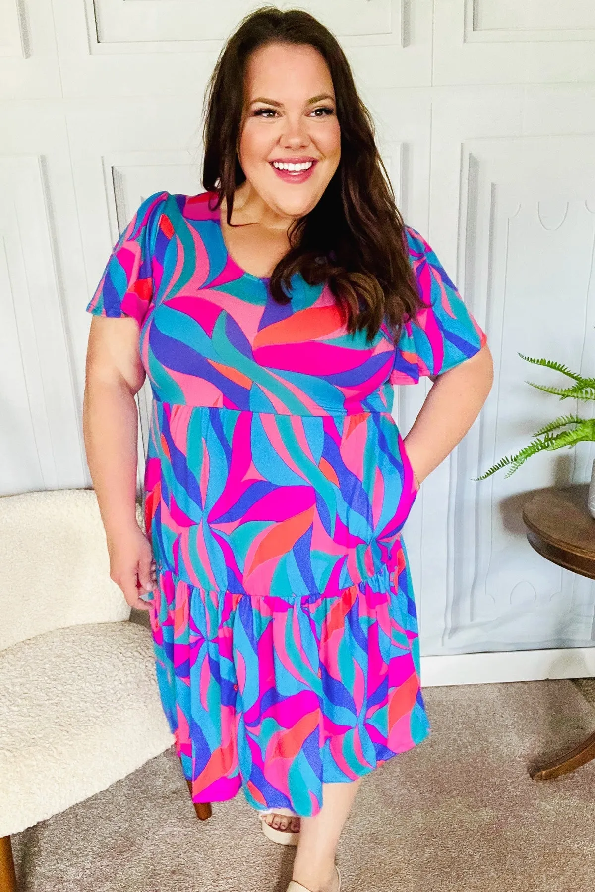 Blue & Fuchsia Geo Print V Neck Dress