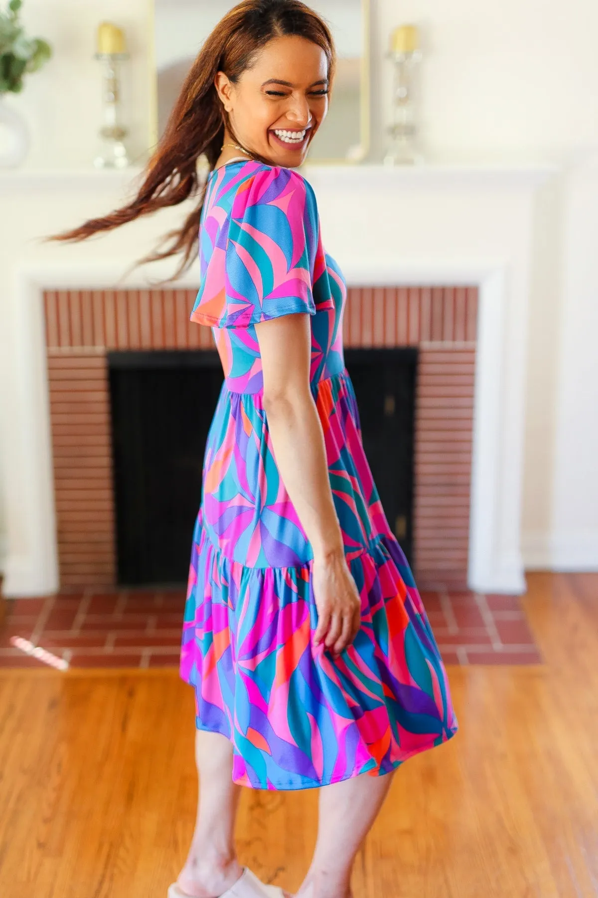 Blue & Fuchsia Geo Print V Neck Dress
