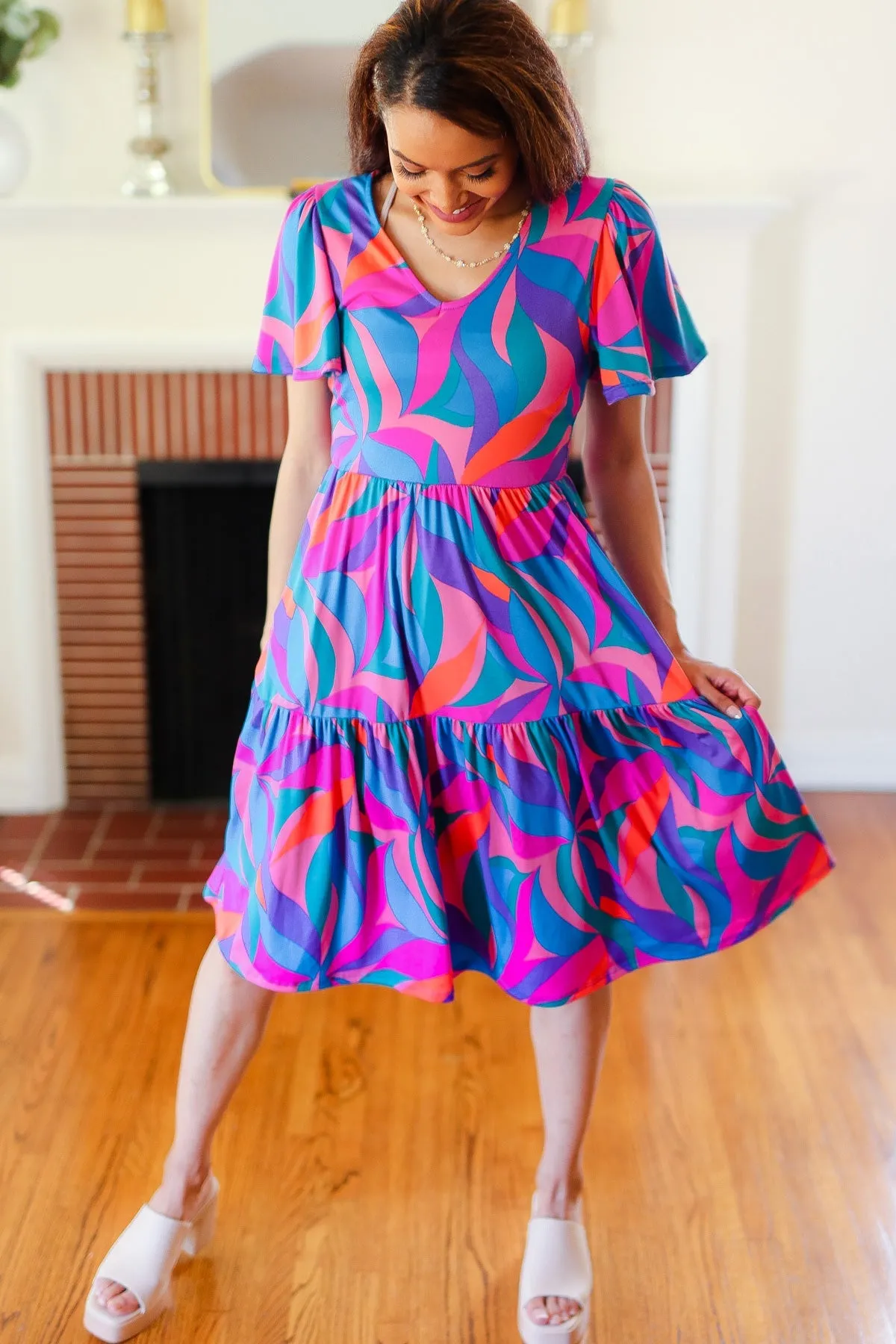 Blue & Fuchsia Geo Print V Neck Dress