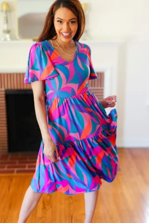 Blue & Fuchsia Geo Print V Neck Dress