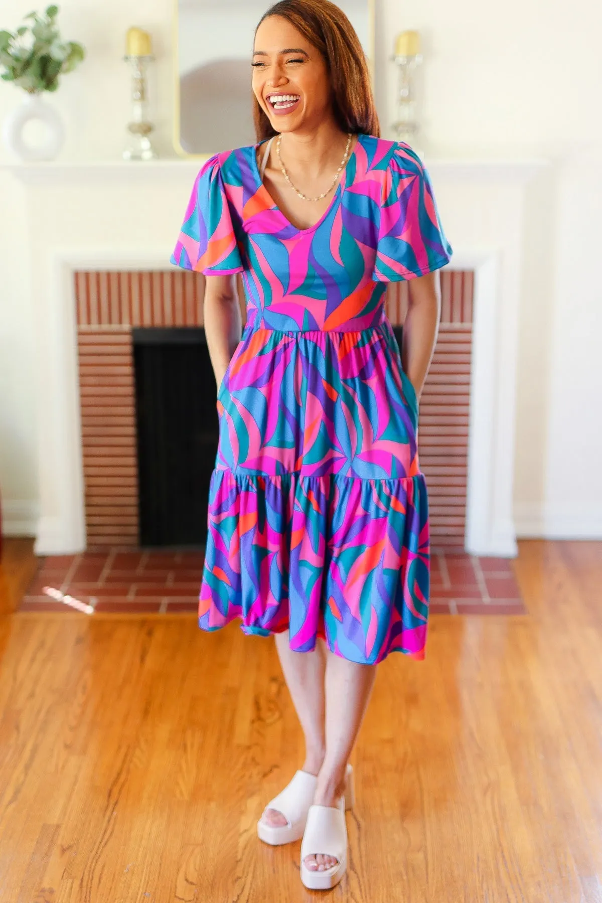Blue & Fuchsia Geo Print V Neck Dress