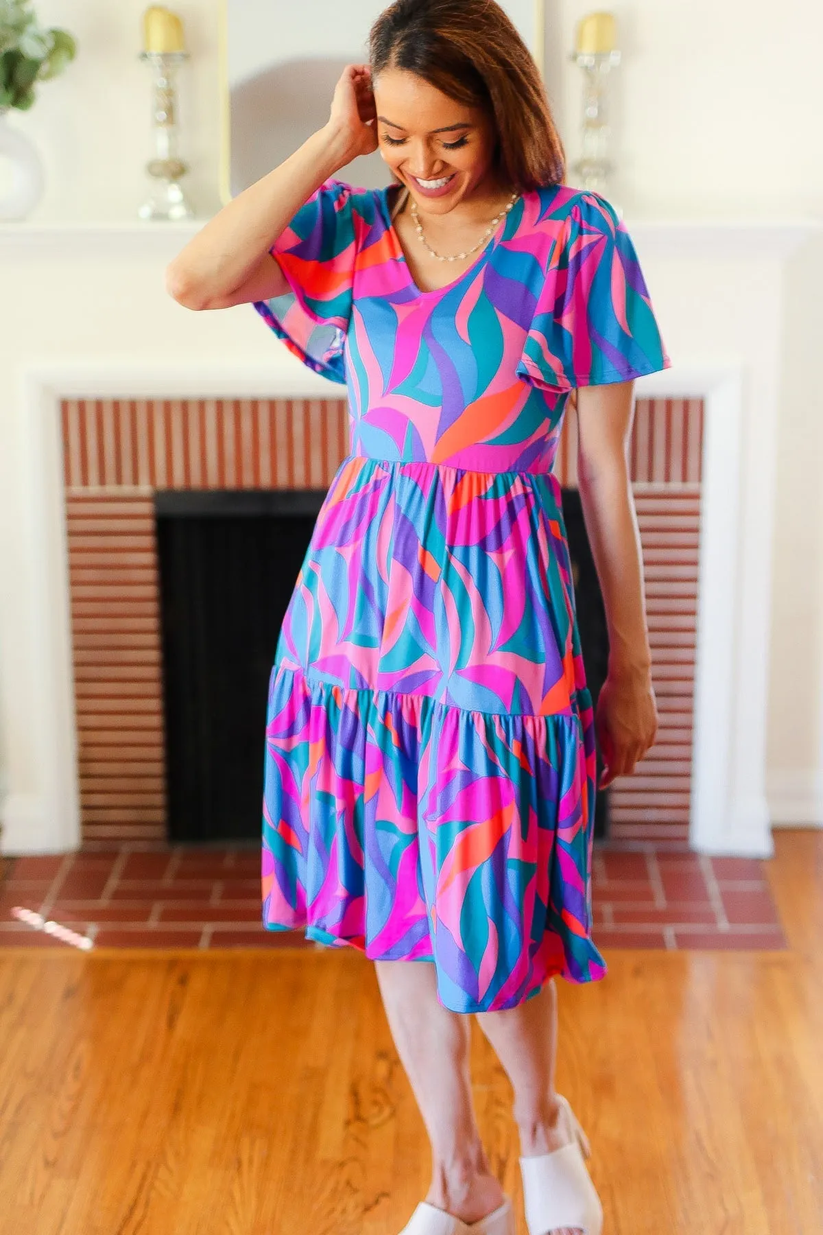 Blue & Fuchsia Geo Print V Neck Dress