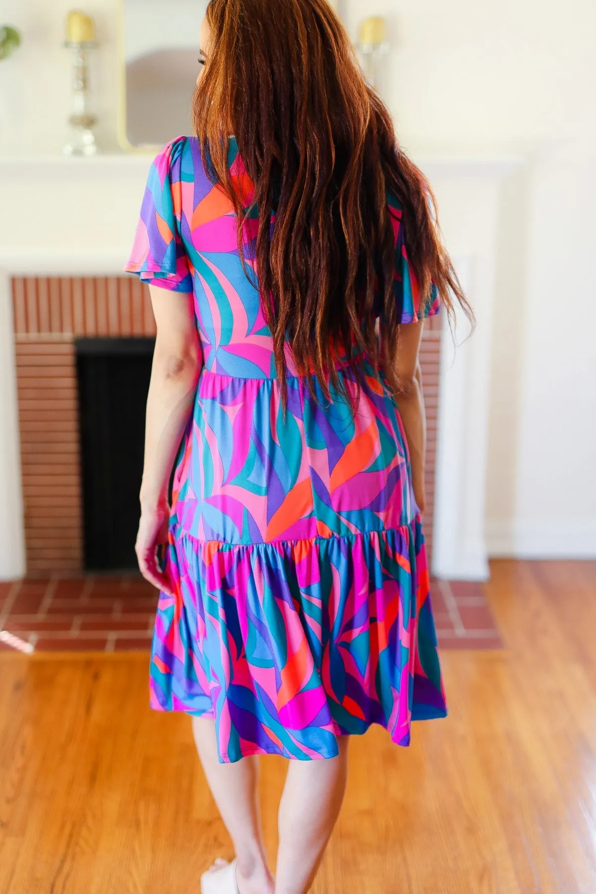 Blue & Fuchsia Geo Print V Neck Dress