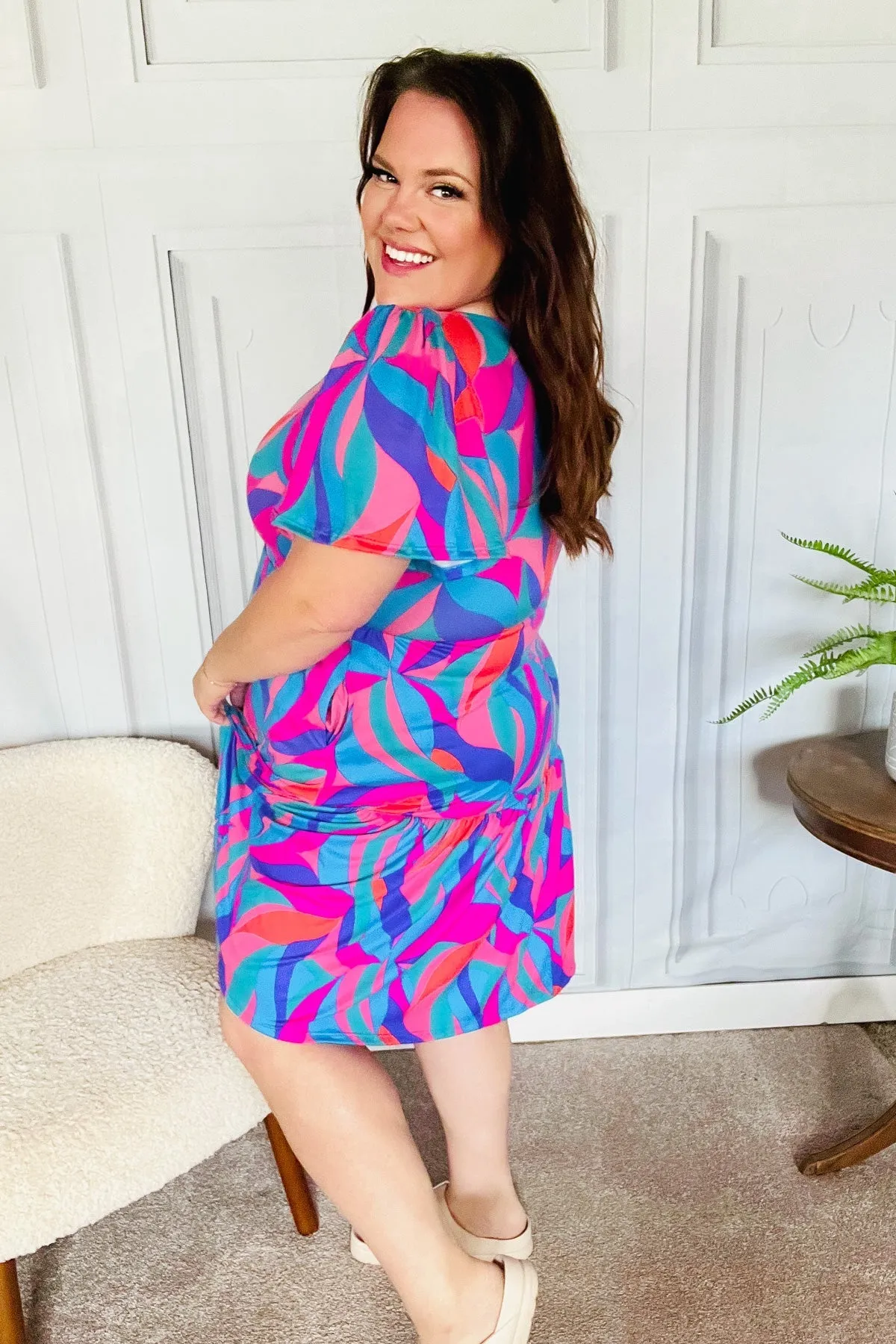 Blue & Fuchsia Geo Print V Neck Dress