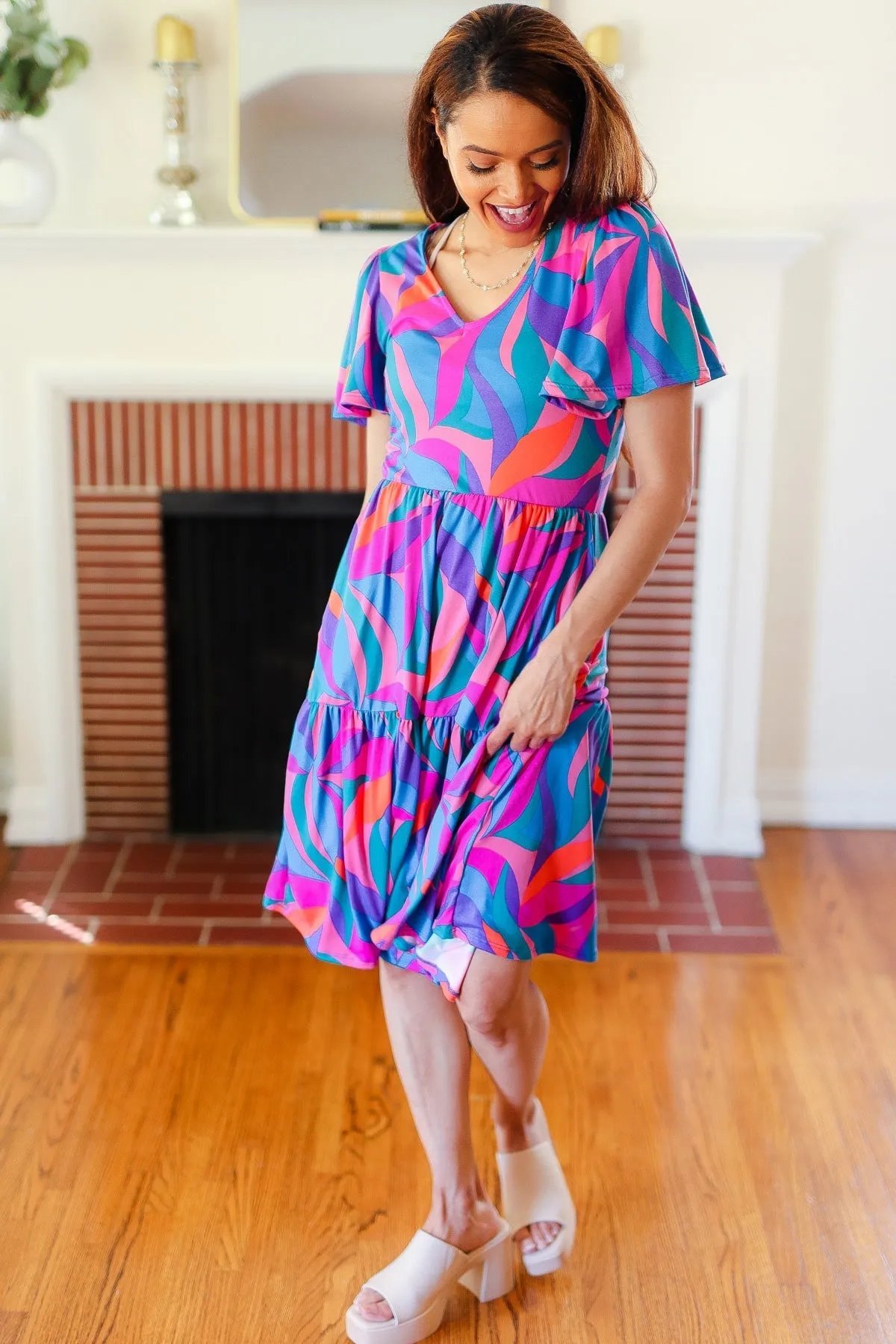 Blue & Fuchsia Geo Print V Neck Dress
