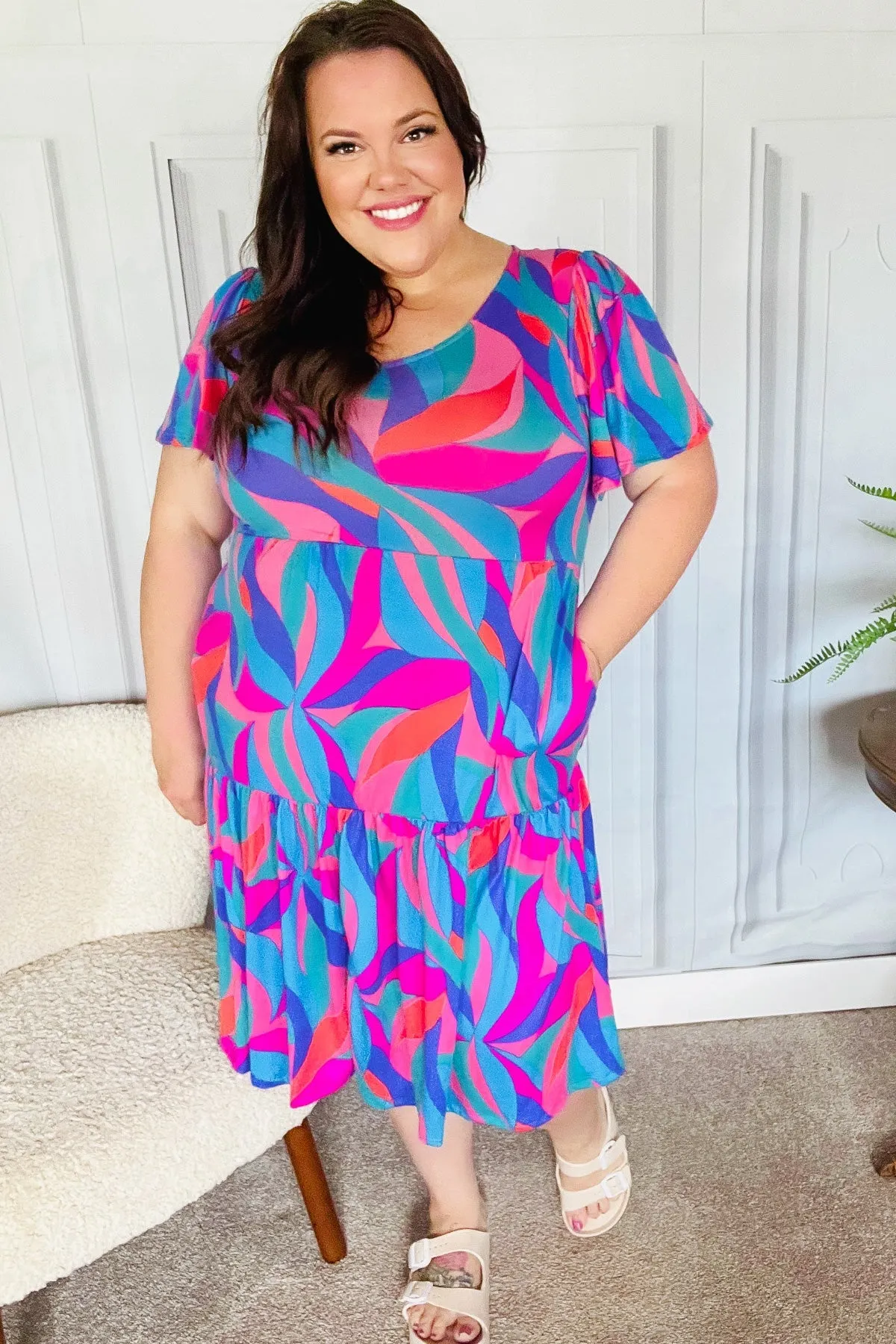 Blue & Fuchsia Geo Print V Neck Dress