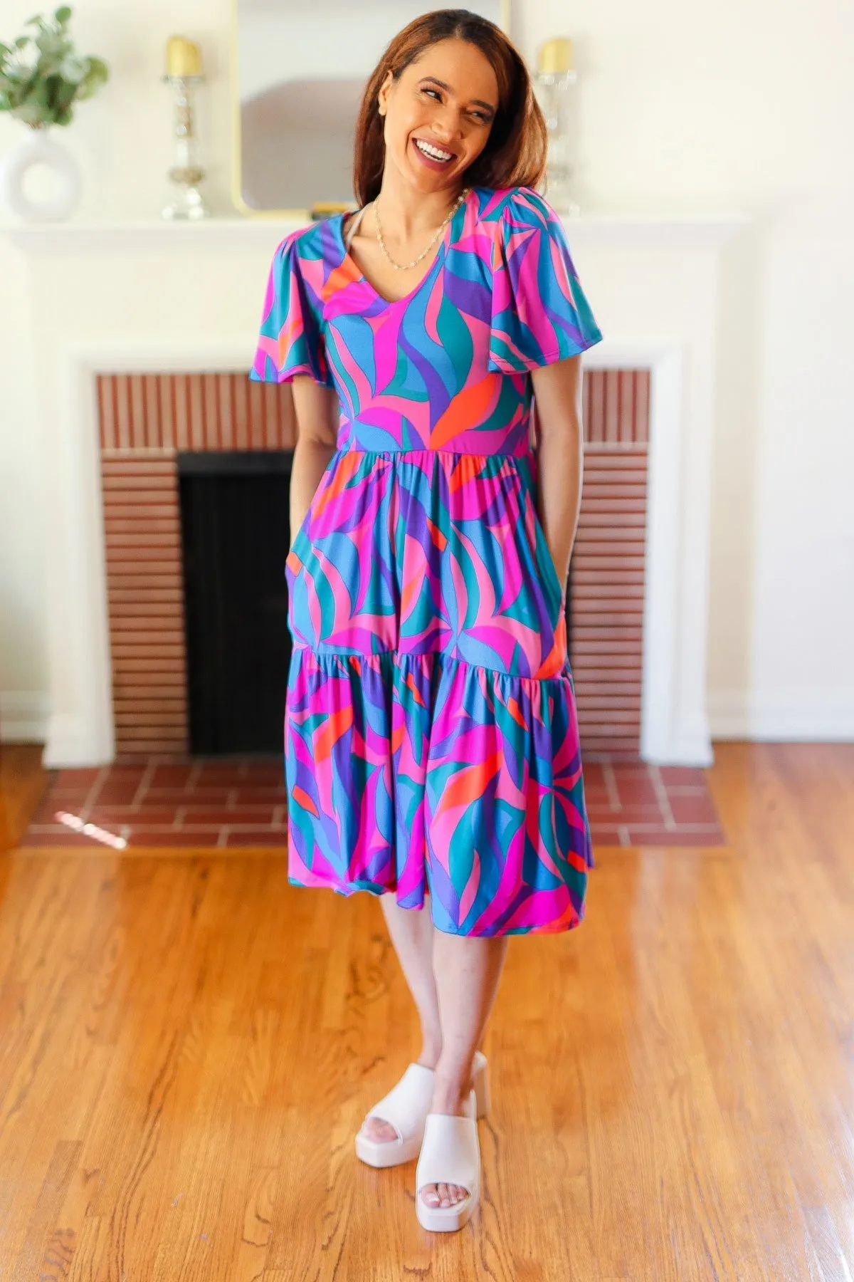 Blue & Fuchsia Geo Print V Neck Dress