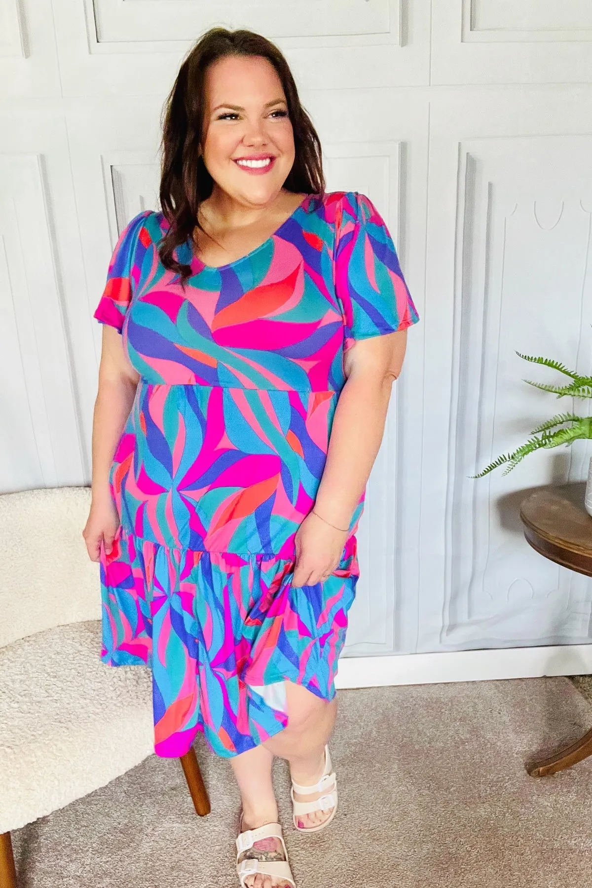 Blue & Fuchsia Geo Print V Neck Dress