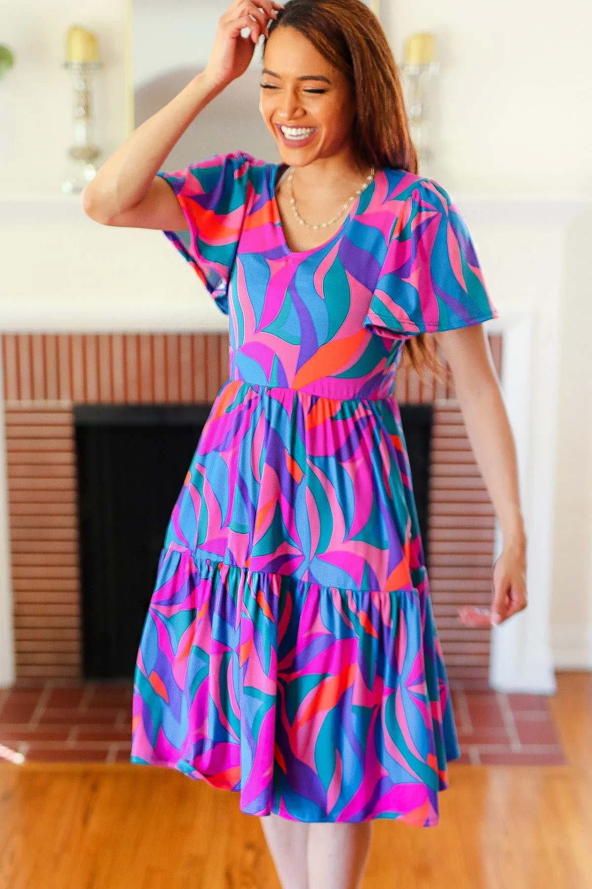 Blue & Fuchsia Geo Print V Neck Dress