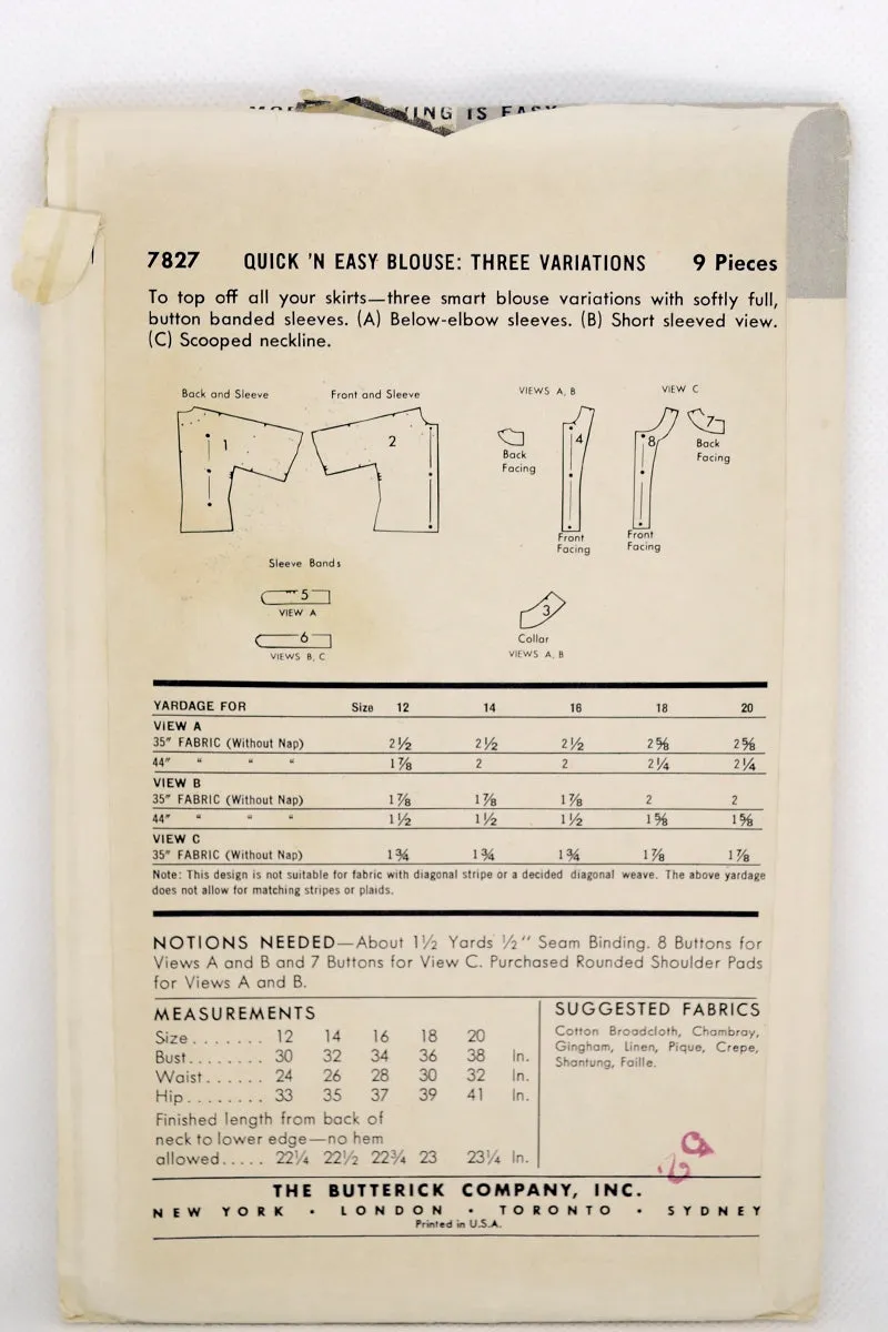 Butterick 7827 Vintage 1956 Blouse Sewing Pattern