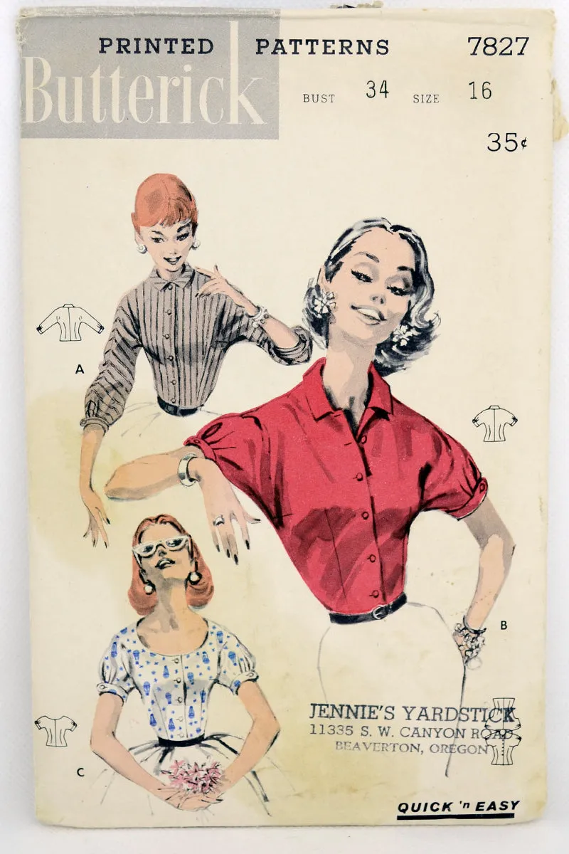 Butterick 7827 Vintage 1956 Blouse Sewing Pattern