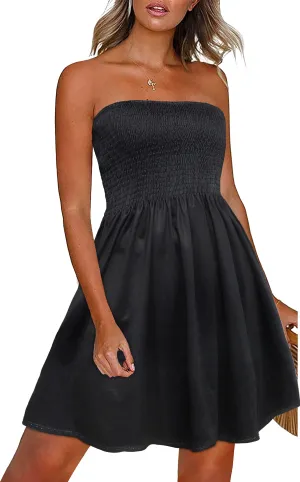 CHICGAL Womens Summer Sun Dress Casual Beach Strapless Cover ups Wedding Guest Dresses Tube Sundress (Black,L)