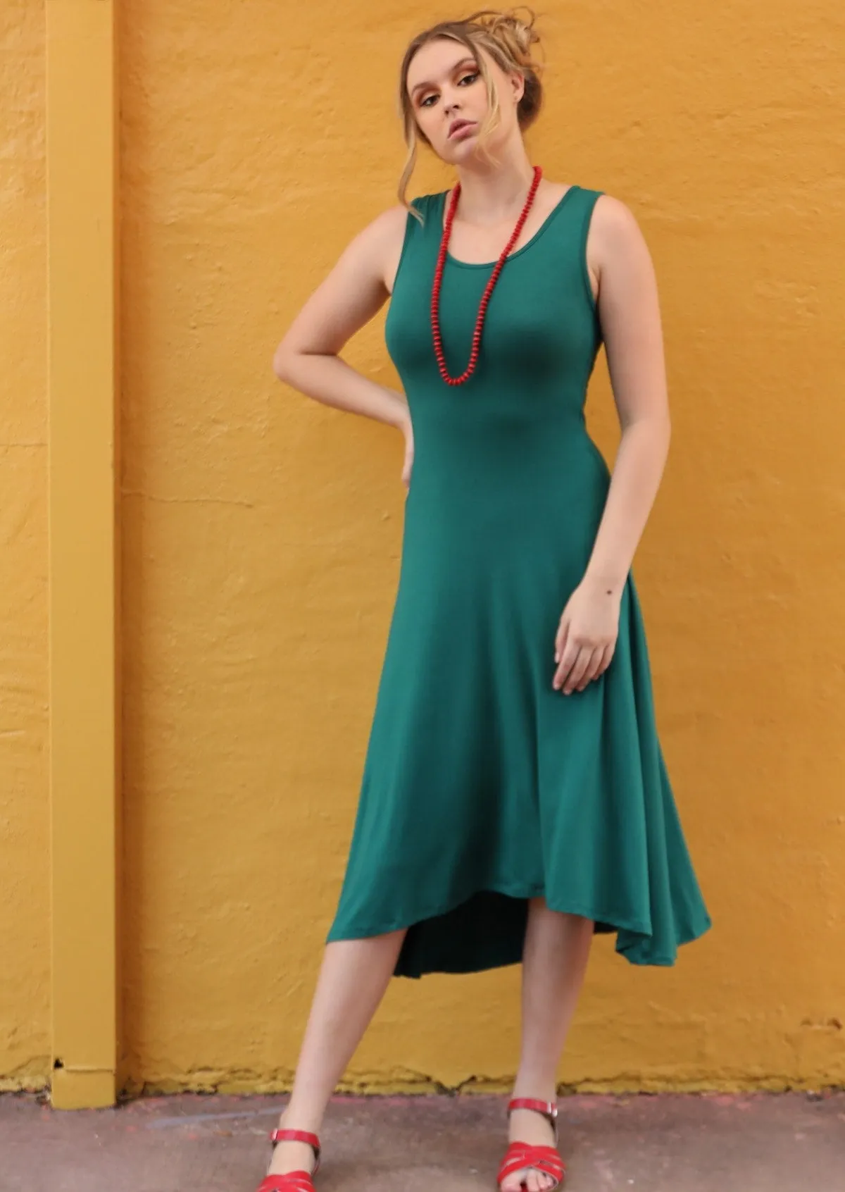 Concave Hem Dress Jade Green