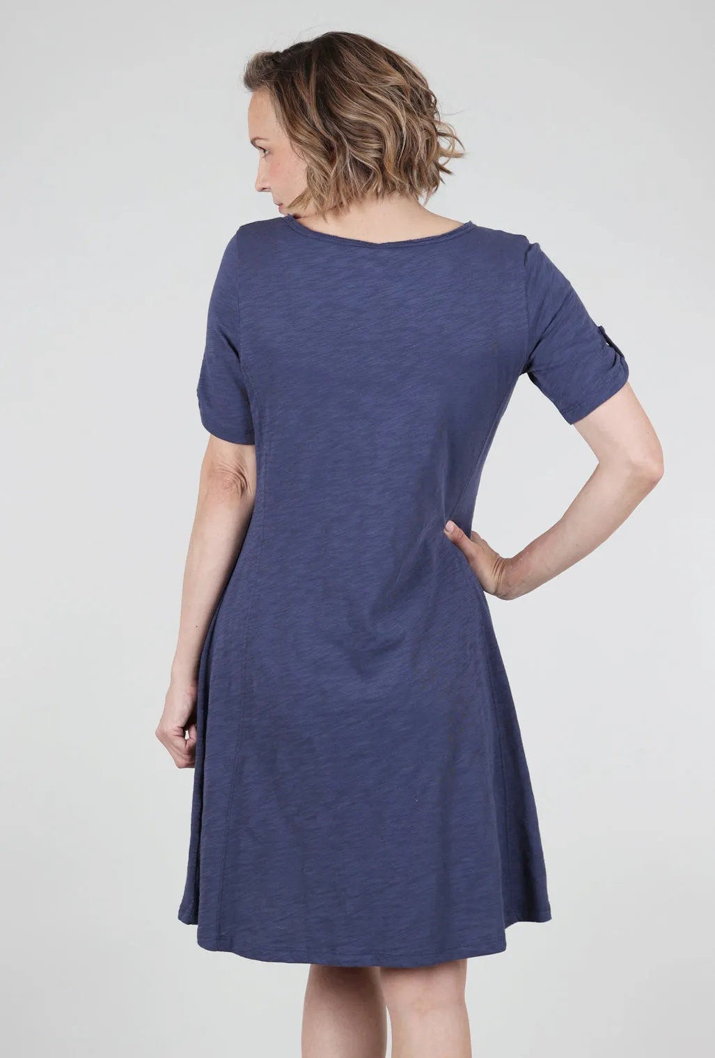 Cotton Slub Button-Sleeve Dress, Navy