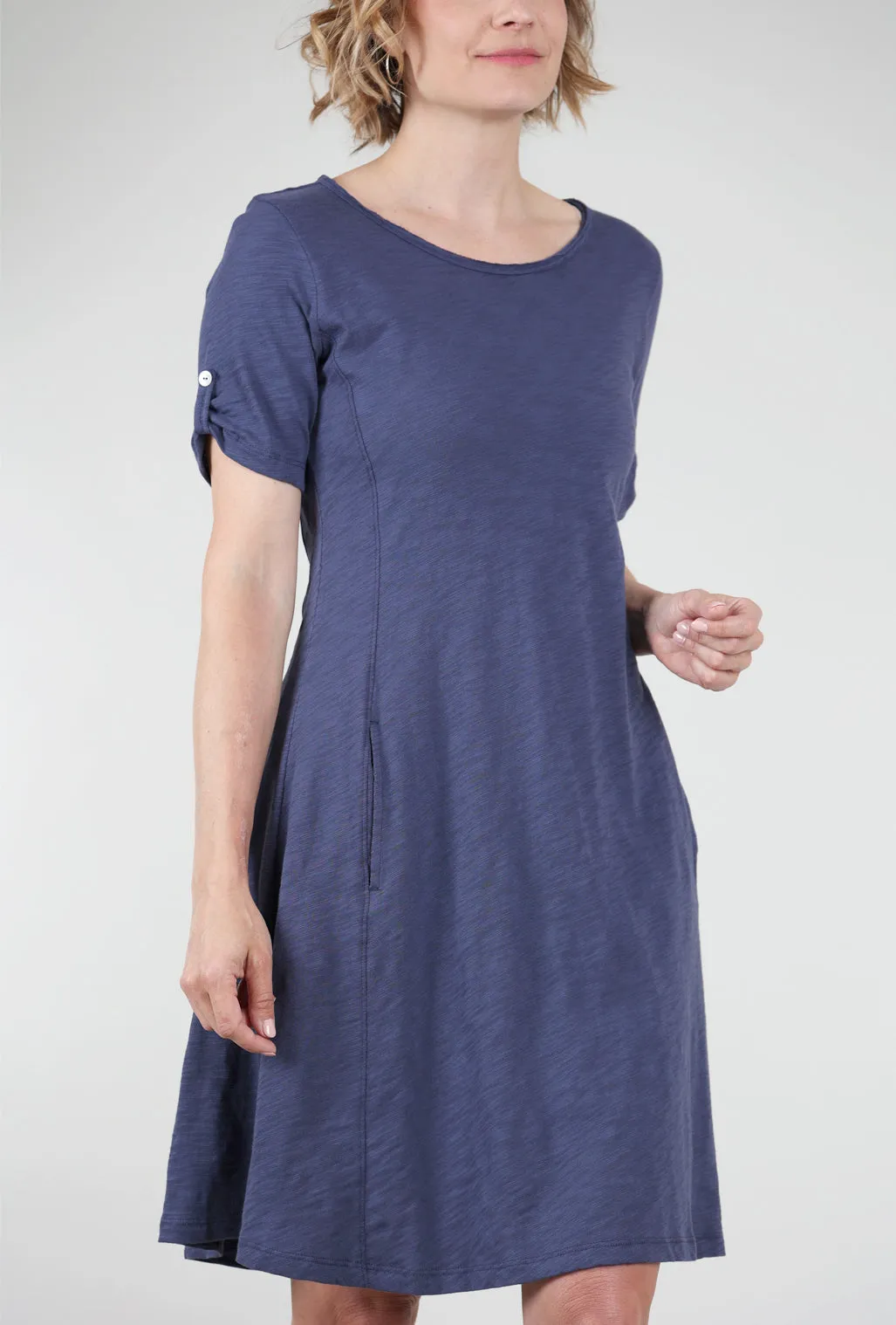 Cotton Slub Button-Sleeve Dress, Navy